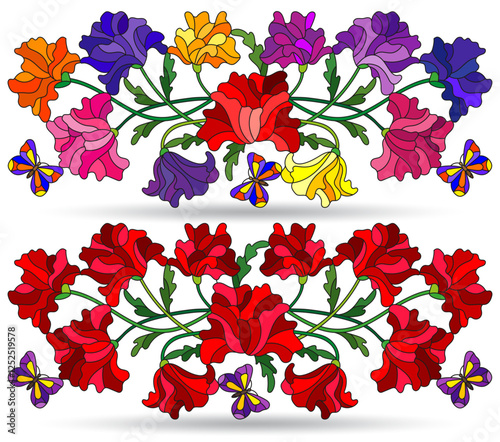 A set of stained glass illustrations with compositions of poppies and butterflies, isolated on a white background