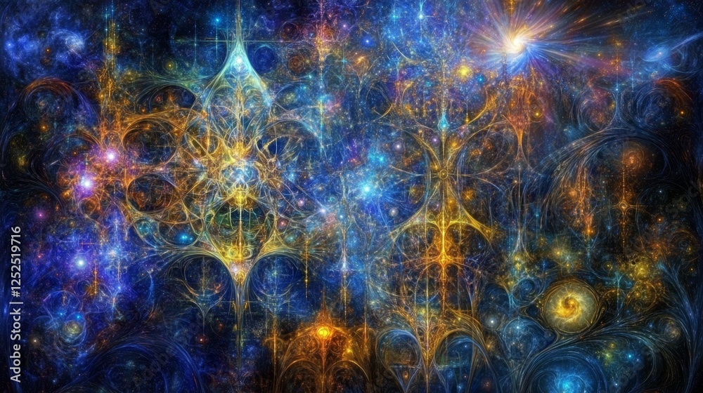 Celestial Abstract Light Structures in Blue and Gold a Visionary Cosmic Dreamscape Artwork.
