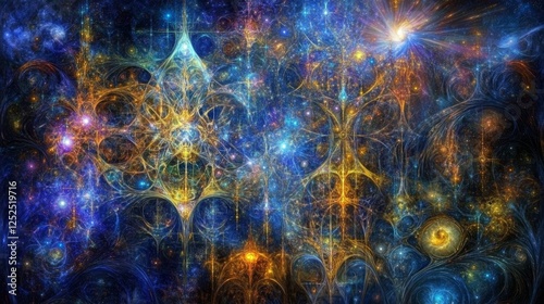 Obraz na płótnie Celestial Abstract Light Structures in Blue and Gold a Visionary Cosmic Dreamscape Artwork. w salonie