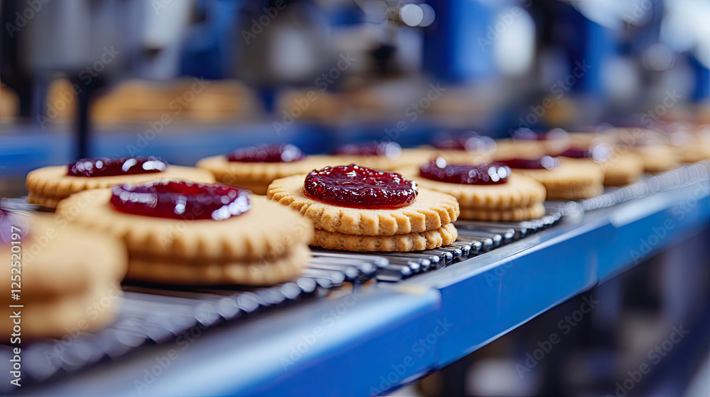Jam Filled Cookies on Conveyor Belt in Bakery Production Line