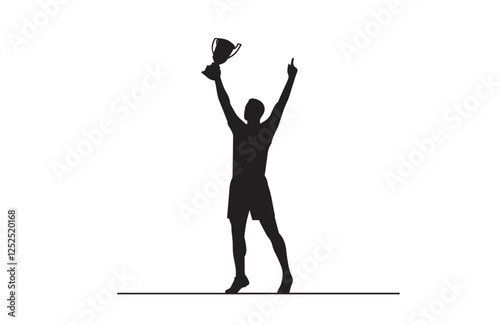 Champion Winner Raising Trophy Black Silhouette with Victory Celebration Pose
