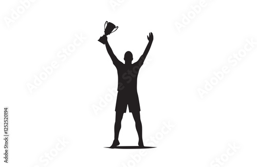 Champion Winner Raising Trophy Black Silhouette with Victory Celebration Pose
