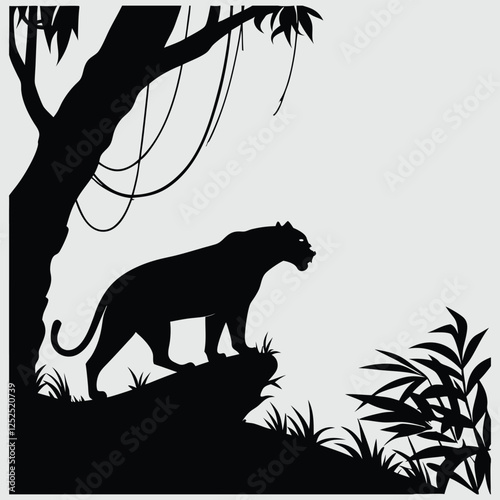 a tiger in a jungle silhouette vector design art and illustration
