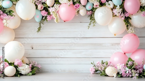 A festive Easter photo booth setup with pastel balloons, spring flowers, and decorative eggs on a wooden backdrop. photo