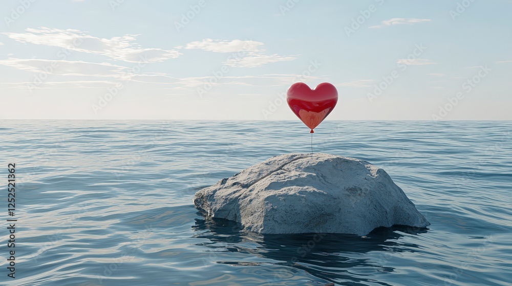 Fototapeta premium Heart Shape Balloon on Rock in Calm Ocean Water Landscape