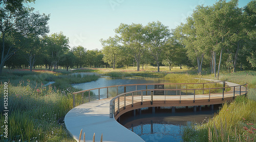 A curved wood dock with railings protruding out from a concrete trail into a small wetland area of a neighborhood suburban park.