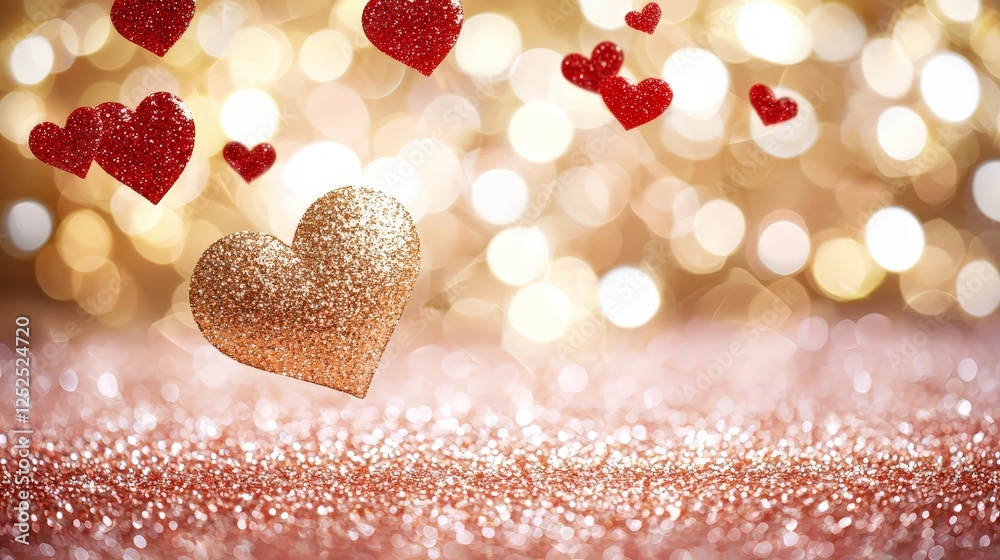 Fototapeta premium Glittering Gold Heart Amidst Red Hearts and Bokeh Background