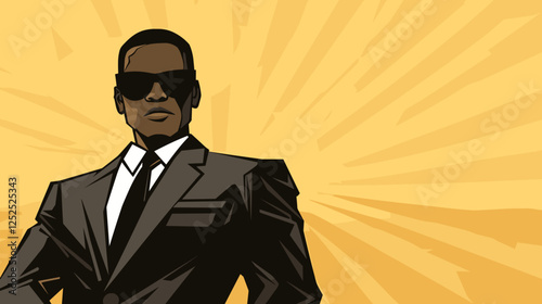 Stylish Man in Black Suit and Sunglasses on Yellow Background