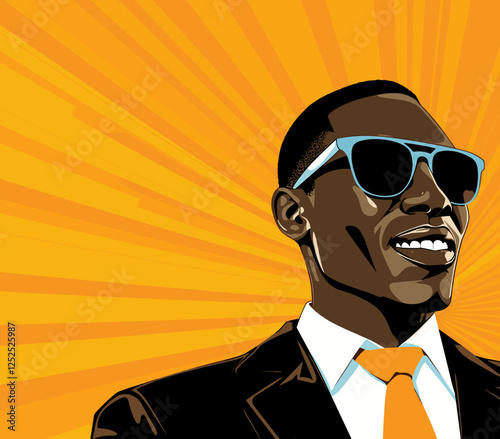 Happy businessman in sunglasses and suit on bright orange background