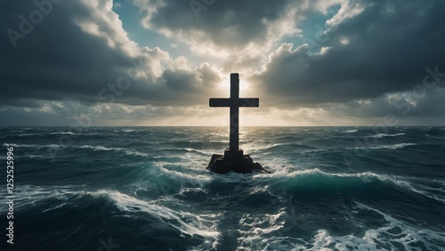 Cross stands in water, waves and light surrounding it.

