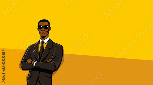 Confident businessman in suit and sunglasses on yellow background