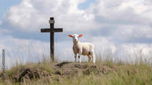 Wallpaper Mural A white lamb standing near a wooden cross on a grassy hill, symbolizing sacrifice and resurrection. Torontodigital.ca