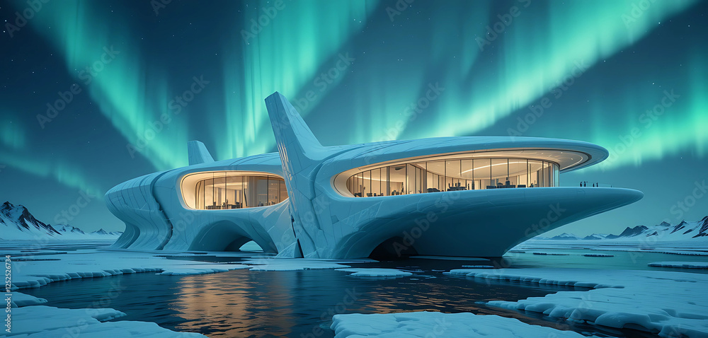 Naklejka premium A futuristic hotel designed to float on a massive iceberg. The sleek, modern structure has panoramic windows offering breathtaking views of the surrounding icy landscape and the Northern Lights.