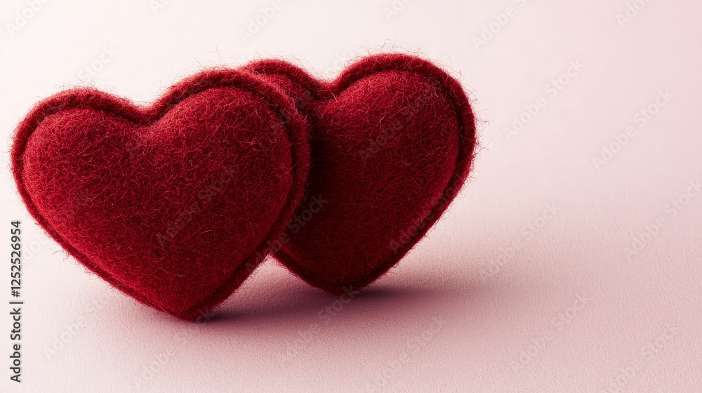 Fototapeta premium Two Soft Red Felt Hearts on a Light Pink Background for Love Themes