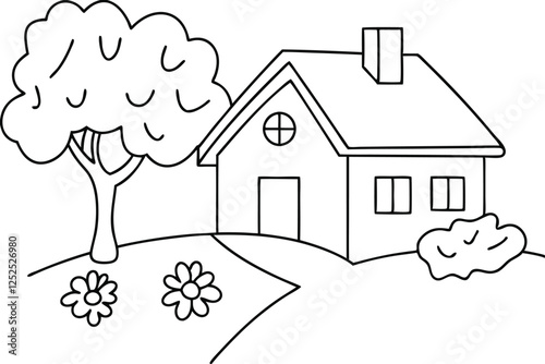 Simple Line Drawing of a House, Tree, and Flowers