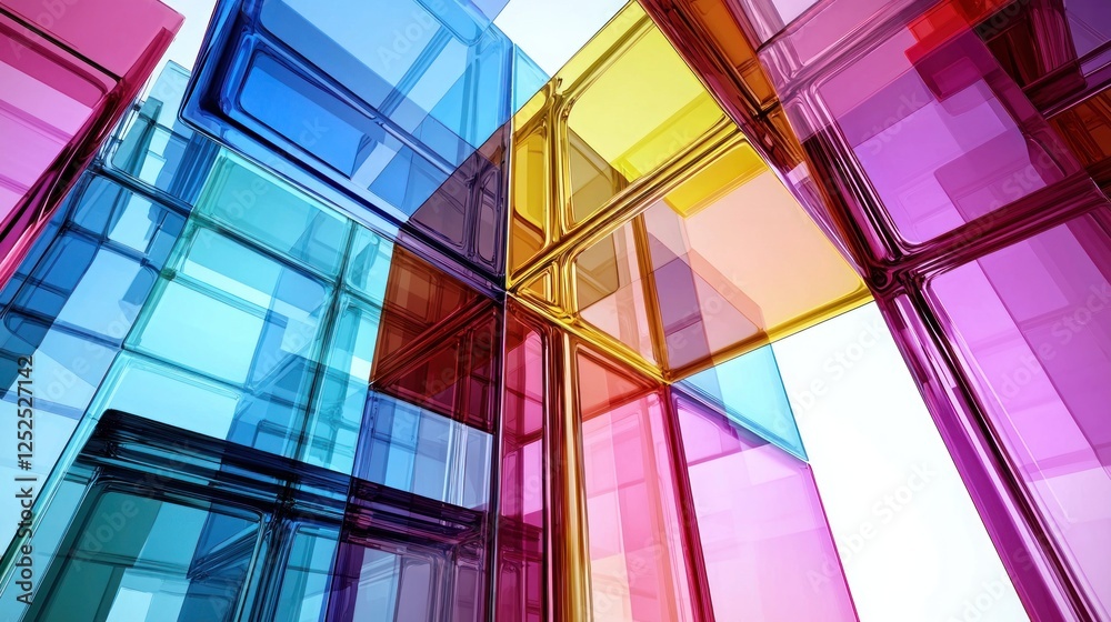 A futuristic structure with multi-colored glass sections. A futuristic structure with multi-colored glass sections.
