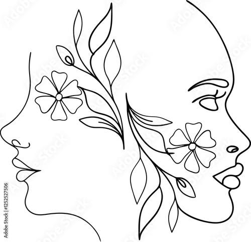 Elegant Line Art Two Feminine Faces Adorned with Flowers and Leaves