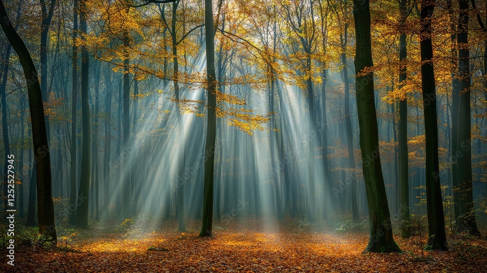 Obraz premium A peaceful, glowing forest where gentle beams of light filter through digitalized leaves.