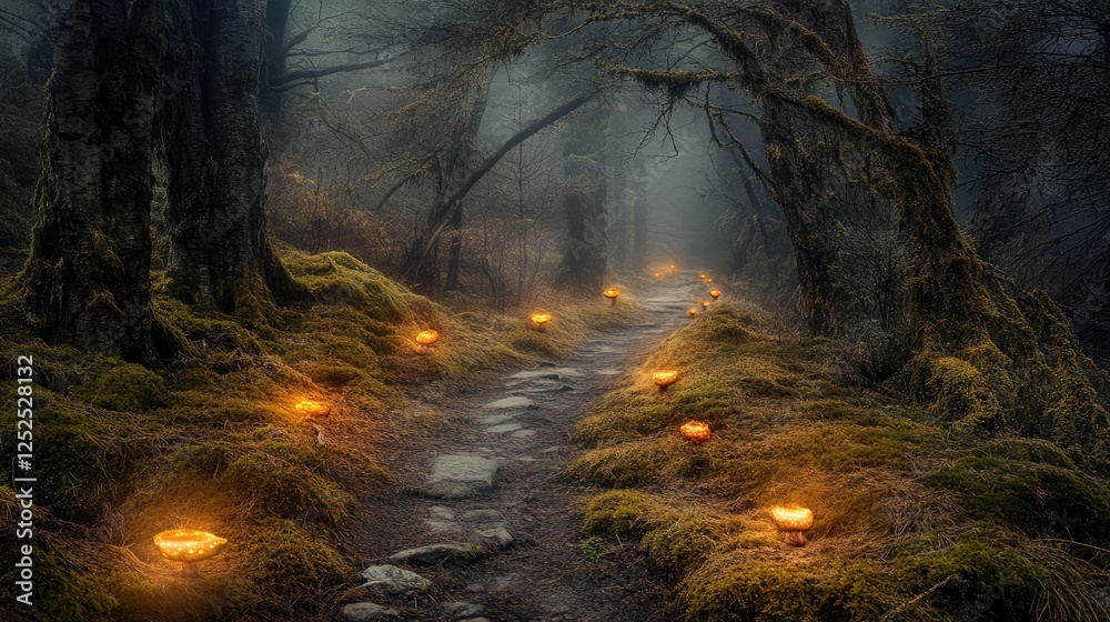 Obraz premium A quiet forest path lined with softly glowing mushrooms, casting a dreamlike luminescence on the mossy ground.