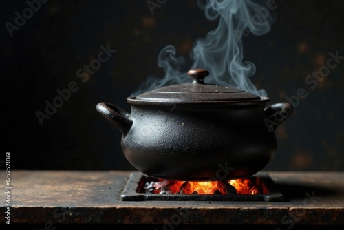 A rustic dark ceramic pot with a lid, steaming on a primitive stove with glowing embers.