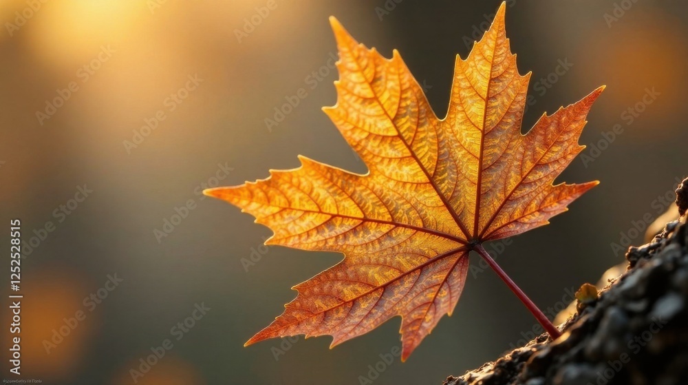 Golden Autumn Leaf Illuminated by the Setting Sun's Warm Glow on Bark Golden Autumn Leaf Illuminated by the Setting Sun's Warm Glow on Bark