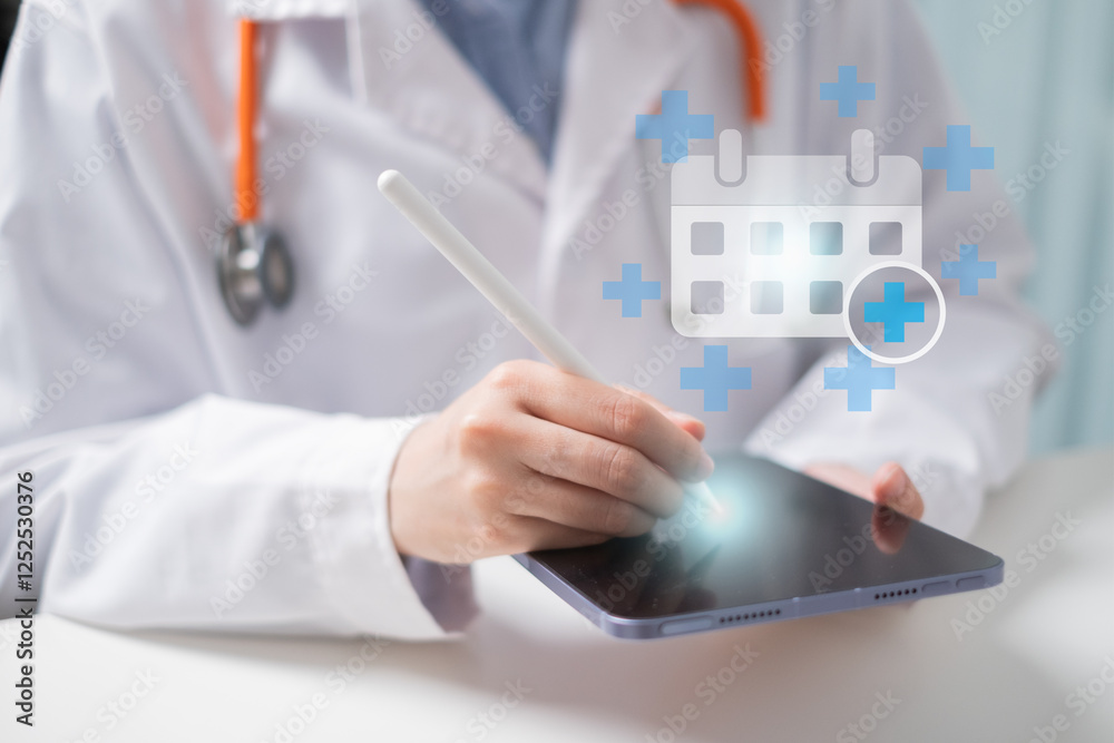 Professional medical worker doctor physician in white coat scrub calendar event appointment reminder concept Professional medical worker doctor physician in white coat scrub calendar event appointment reminder concept