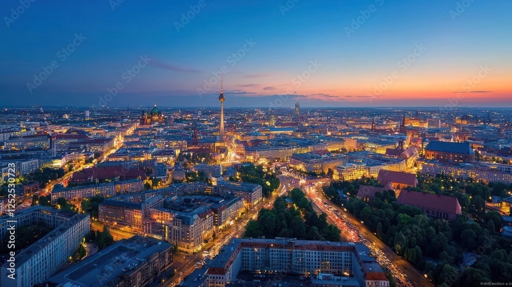 Aerial View Of Illuminated European City At Dusk Aerial View Of Illuminated European City At Dusk