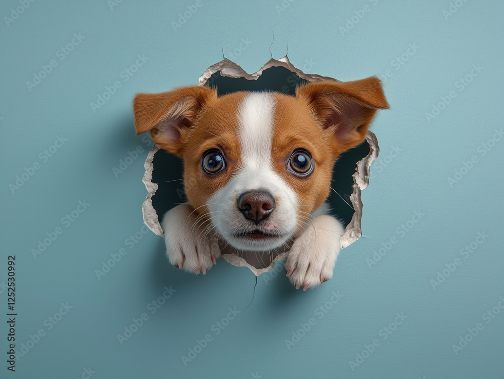 dog peeking through broken hole in blue wall, showcasing curiosity and playfulness. dog expressive eyes and ears add to charming scene dog peeking through broken hole in blue wall, showcasing curiosity and playfulness. dog expressive eyes and ears add to charming scene