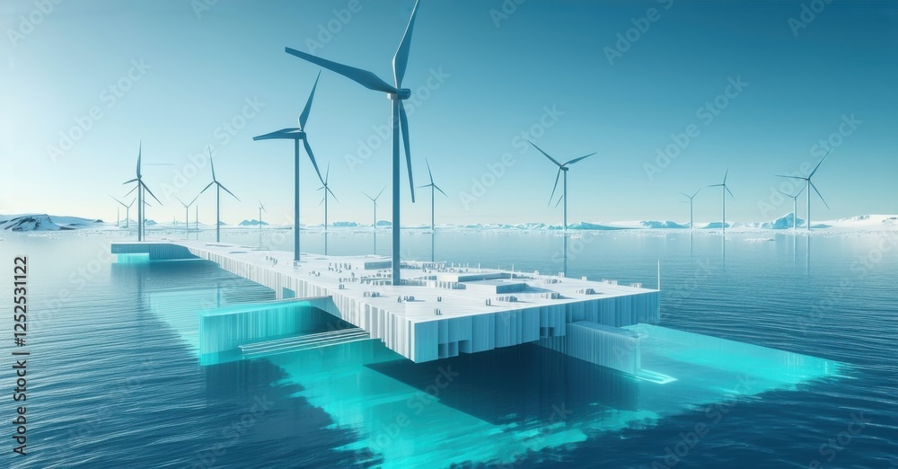 Obraz premium Floating wind farm generating renewable energy over icy waters, featuring towering turbines, modular platforms, and submerged structures reflecting in the Arctic landscape