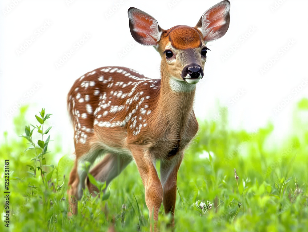 young deer with gentle features stands gracefully in lush green field, showcasing its delicate spots and curious expression. This serene scene captures beauty of nature young deer with gentle features stands gracefully in lush green field, showcasing its delicate spots and curious expression. This serene scene captures beauty of nature