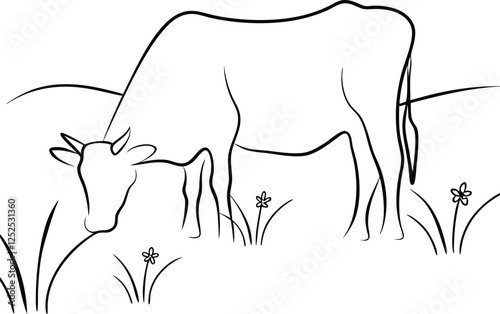 Grazing Cow in Pasture Simple Line Art Drawing