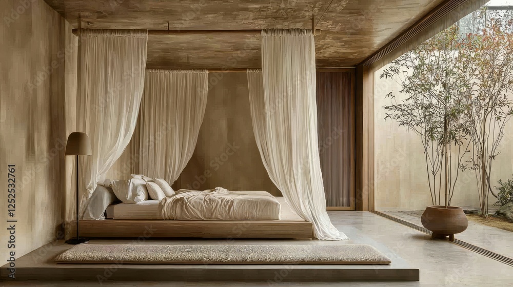 Serene Minimalist Bedroom with Natural Light and Garden View. Serene Minimalist Bedroom with Natural Light and Garden View.