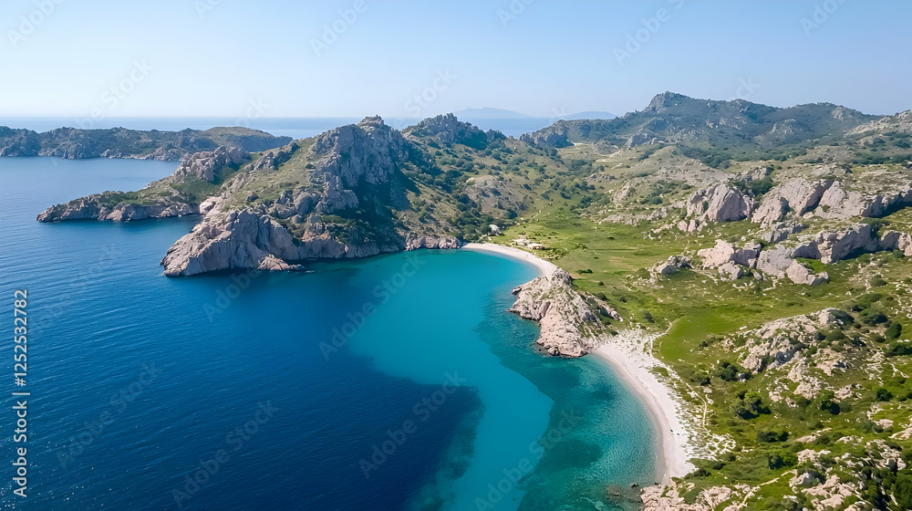 Aerial View Of Turquoise Bay With Rocky Coastline And Lush Vegetation Aerial View Of Turquoise Bay With Rocky Coastline And Lush Vegetation