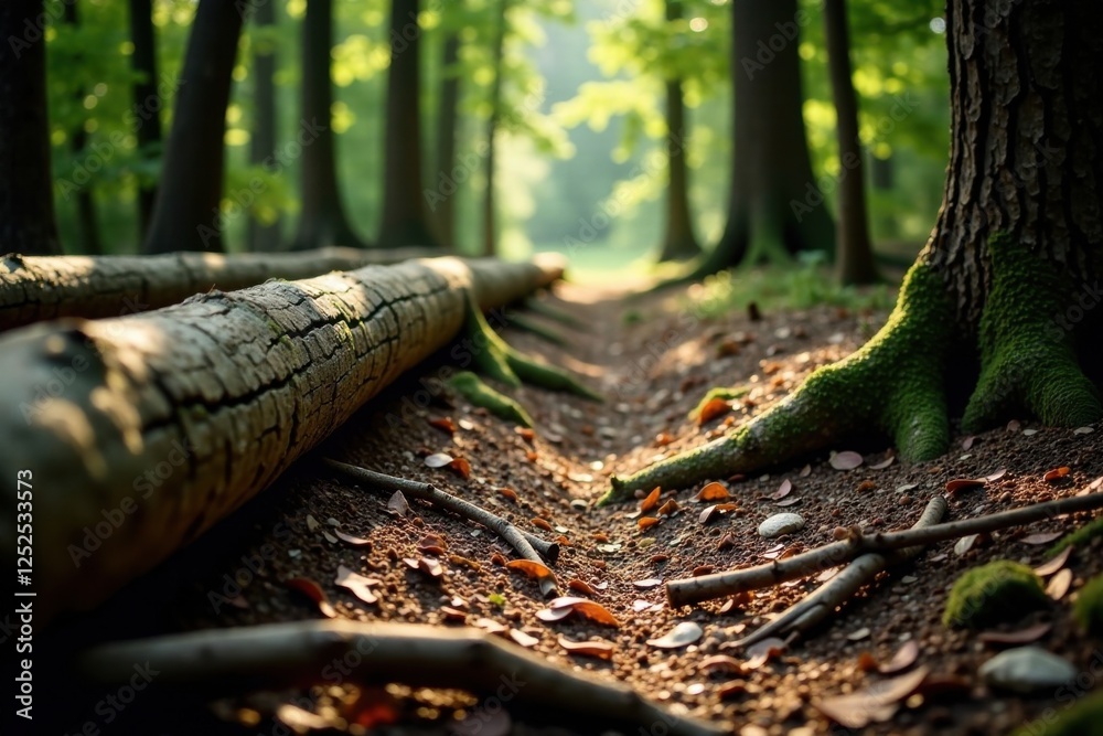 Sun-dappled Forest Path with Fallen Logs and Exposed Roots Sun-dappled Forest Path with Fallen Logs and Exposed Roots