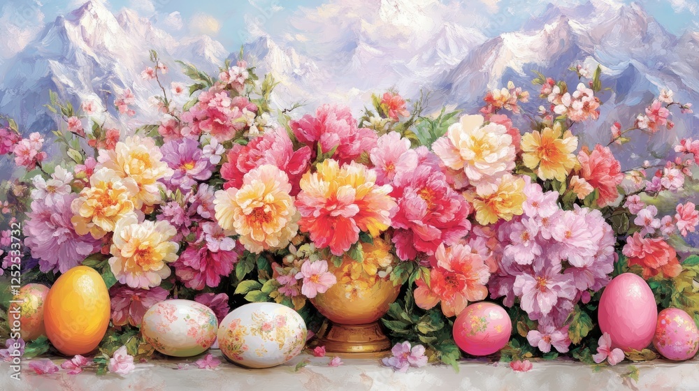 Floral Display With Decorative Easter Eggs Before Snowy Mountains Spring Festive Celebration. Floral Display With Decorative Easter Eggs Before Snowy Mountains Spring Festive Celebration.