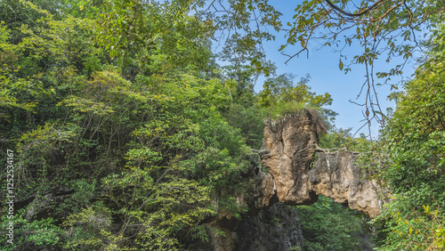 Tableau sur toile A picturesque stone arched pedestrian bridge spans between the cliffs above the gorge