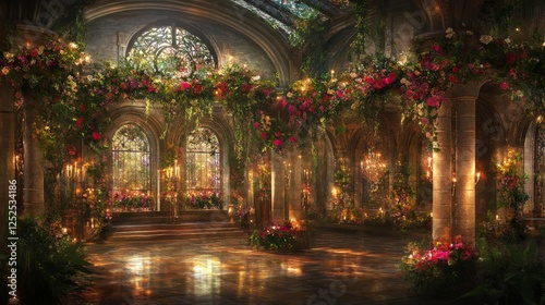 Floral Hall with Candles and Arches Glowing at Dusk with Reflective Floors and Stone Walls.