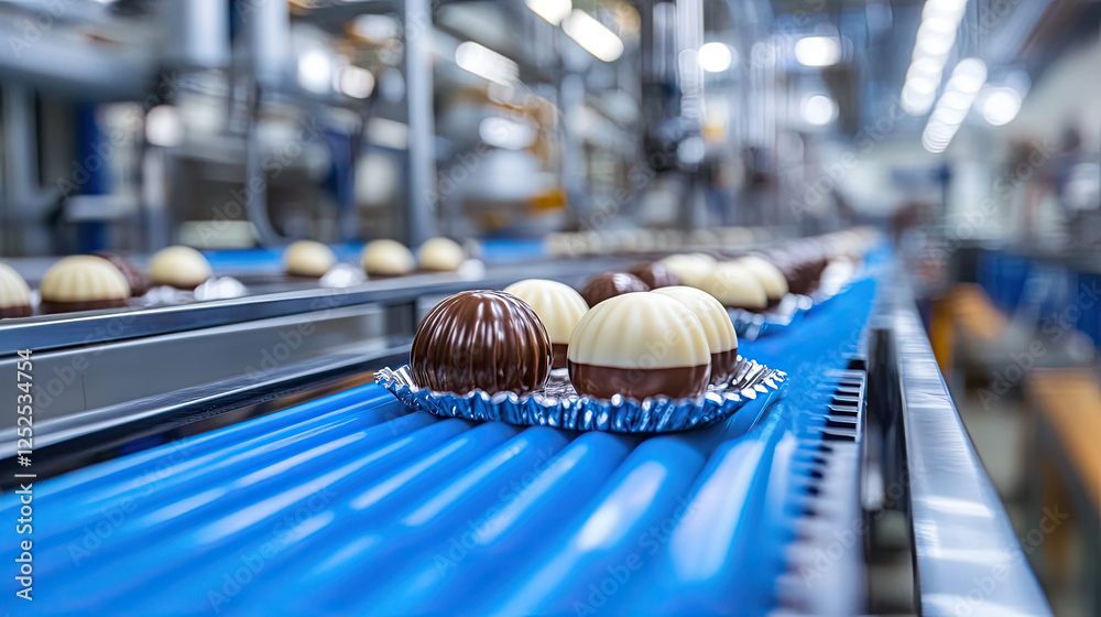 Obraz premium Chocolate Balls on Production Line with One Red Candy Among Them