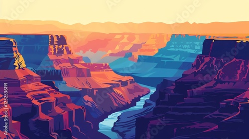 A colorful, illustrative painting of the Grand Canyon with a river flowing through it.