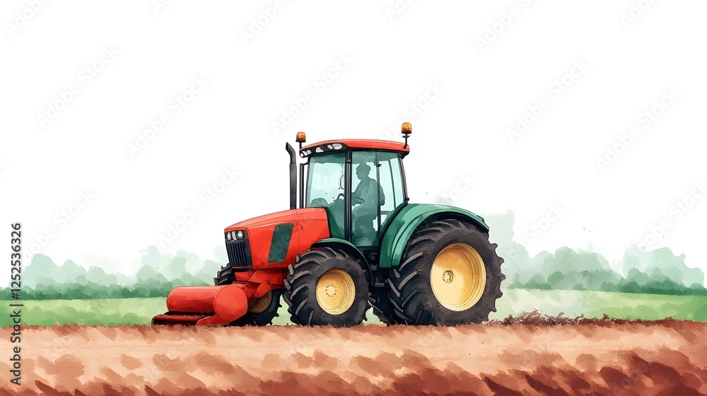 Efficient and Sustainable Agricultural Machinery Tending to Lush Farmland in Watercolor Landscape Efficient and Sustainable Agricultural Machinery Tending to Lush Farmland in Watercolor Landscape