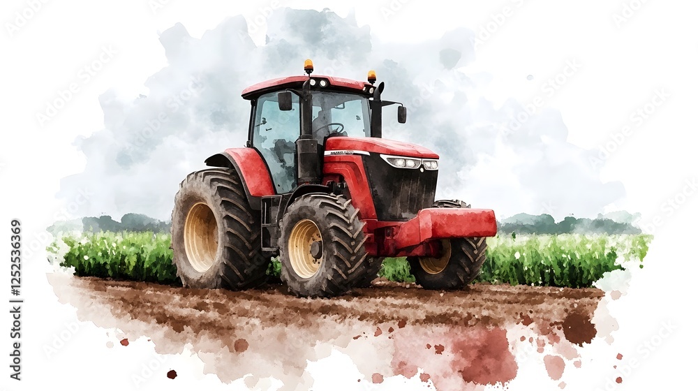 Advanced Efficient Farming Machinery Tractor Working in Lush Watercolor Landscape Advanced Efficient Farming Machinery Tractor Working in Lush Watercolor Landscape
