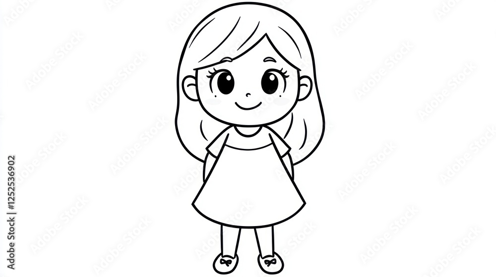 Happy girl, simple dress, white background, coloring page Happy girl, simple dress, white background, coloring page