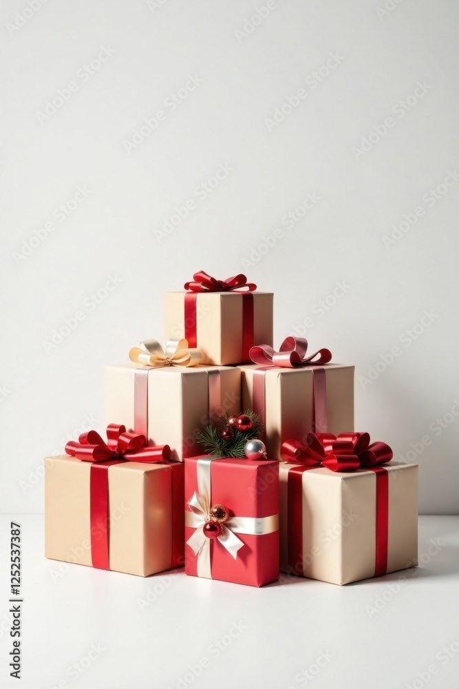 Obraz premium A Festive Stack of Presents with Red and Cream Ribbons and Bows