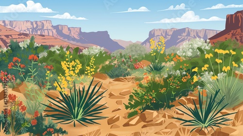 A colorful, illustrative painting of the Grand Canyon with a blue sky and fluffy clouds.
