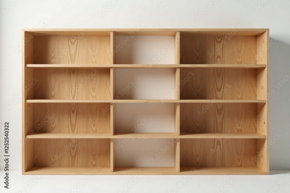 A Simple, Elegant, and Empty Light Wooden Bookshelf Ready for Organization A Simple, Elegant, and Empty Light Wooden Bookshelf Ready for Organization