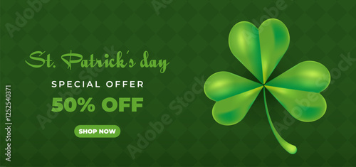 St. Patricks Day special offer, sale banner with green shamrock. Coupon, certificate, discount. Vector illustration for shopping, fashion