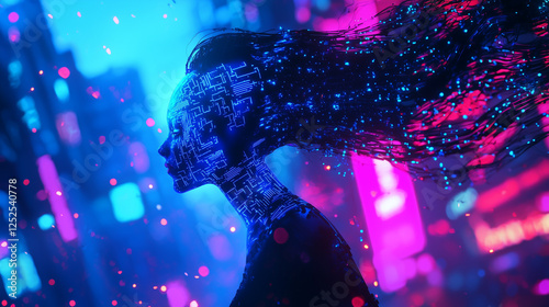 A cybernetic woman with glowing blue patterns stands in a neon city, her hair composed of radiant light