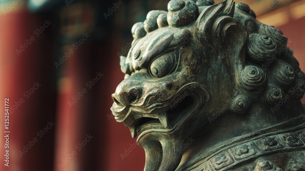 Ancient Bronze Guardian Lion Statue at Chinese Temple Ancient Bronze Guardian Lion Statue at Chinese Temple