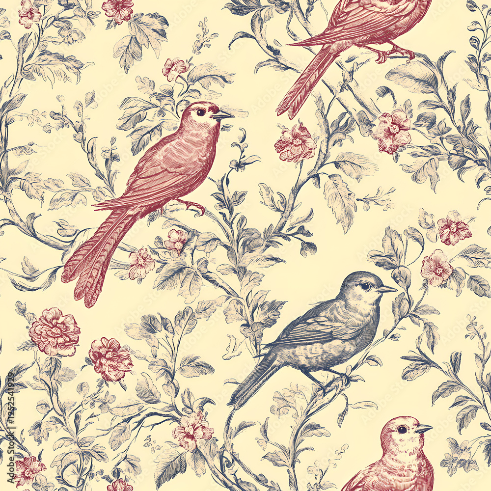 Fototapeta premium Elegant Birds and Flowers Pattern on Cream Background