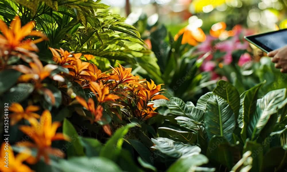 Person using a tablet among vibrant tropical plants in a lush greenhouse filled with colorful flowers Person using a tablet among vibrant tropical plants in a lush greenhouse filled with colorful flowers